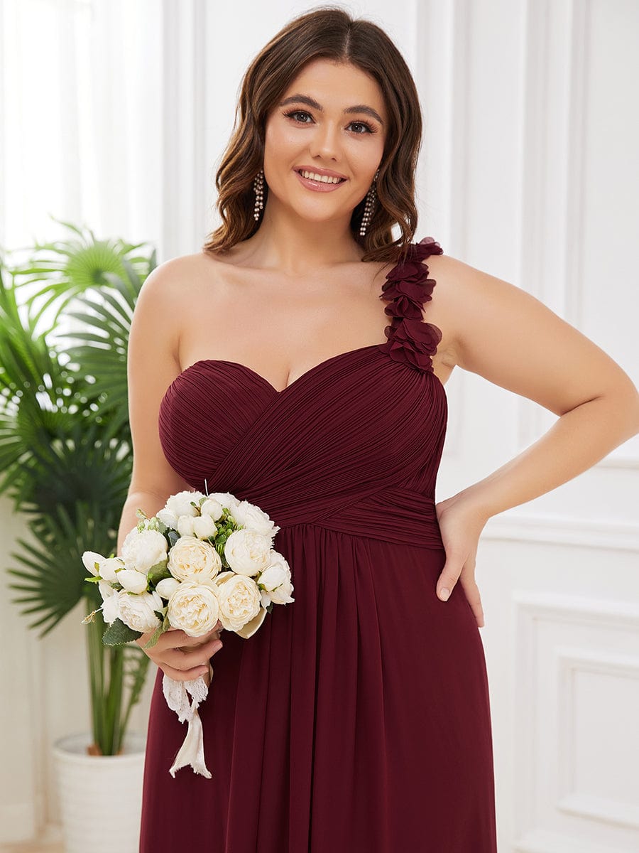 Plus Size One Shoulder Long Chiffon Bridesmaid Dress #color_Burgundy