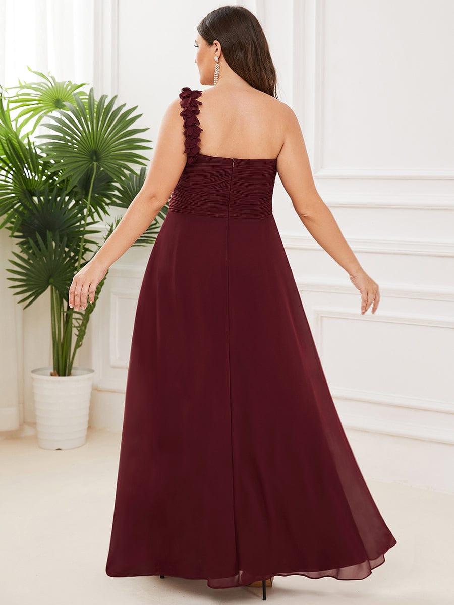 Sweet Pleated Bodice One Shoulder Chiffon Bridesmaid Dress #color_Burgundy