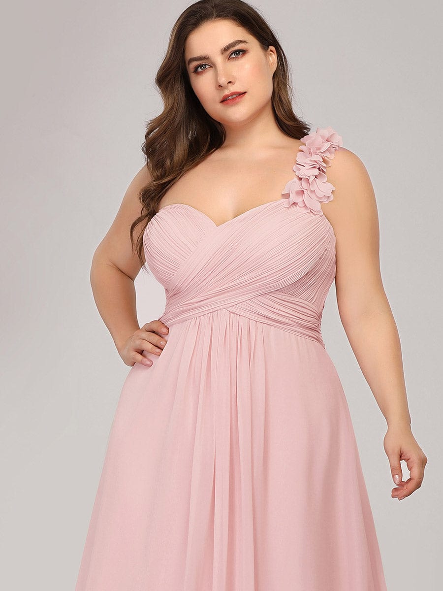 Sweet Pleated Bodice One Shoulder Chiffon Bridesmaid Dress #color_Pink