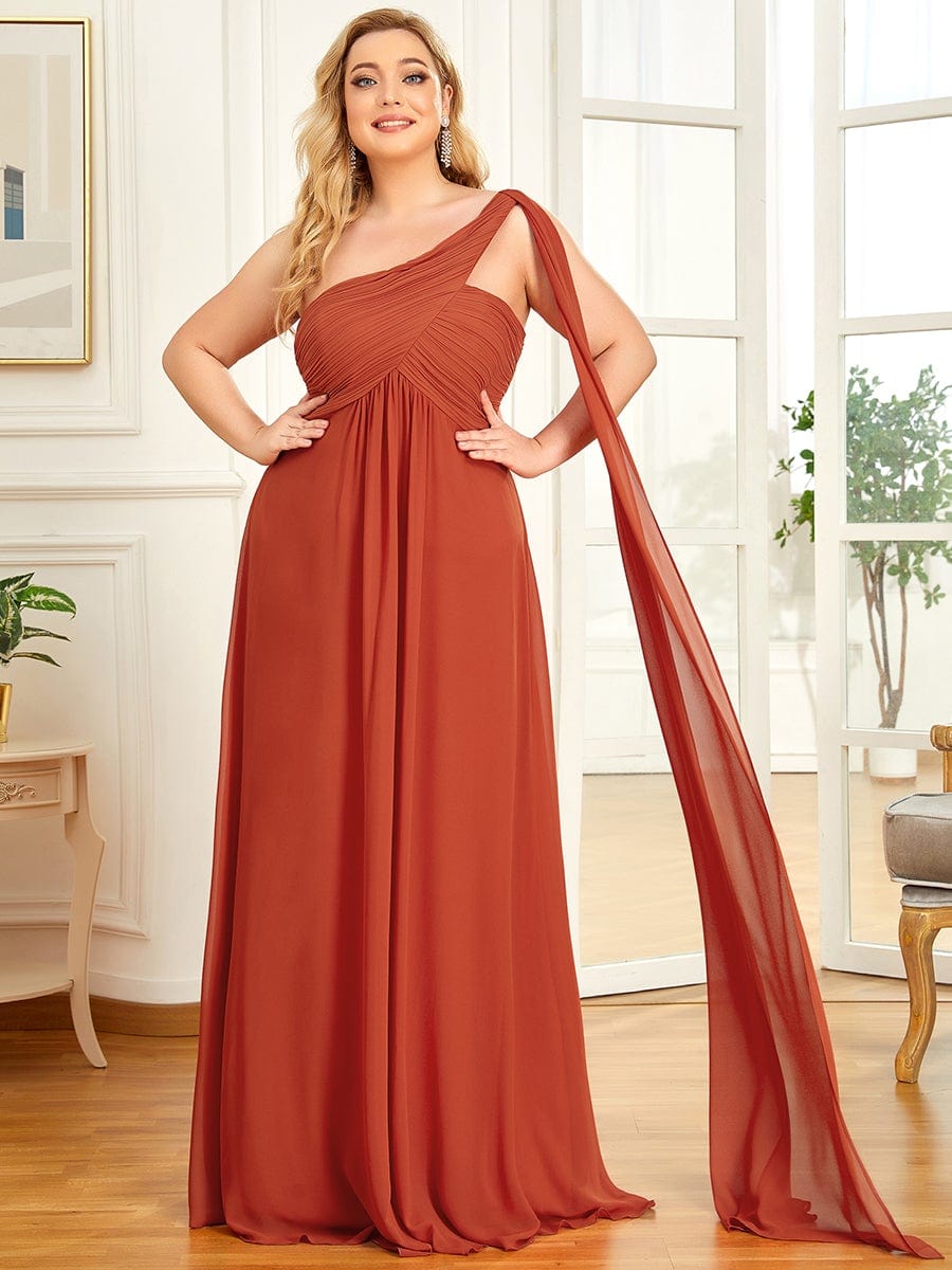 Plus Size Chiffon One Shoulder Formal Evening Dresses for Women #color_Burnt Orange 