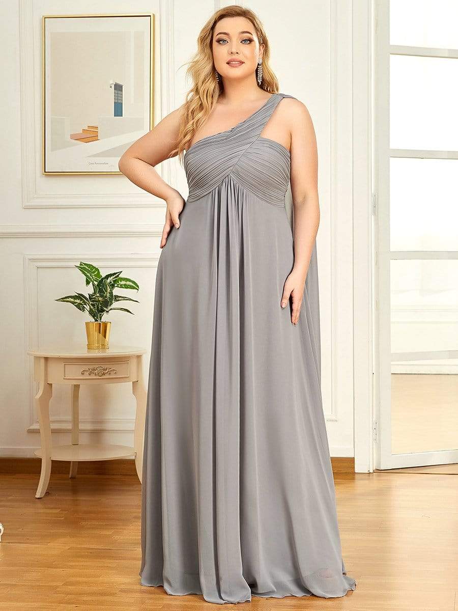 Pleated One Shoulder Long Chiffon Evening Dress #color_Grey 