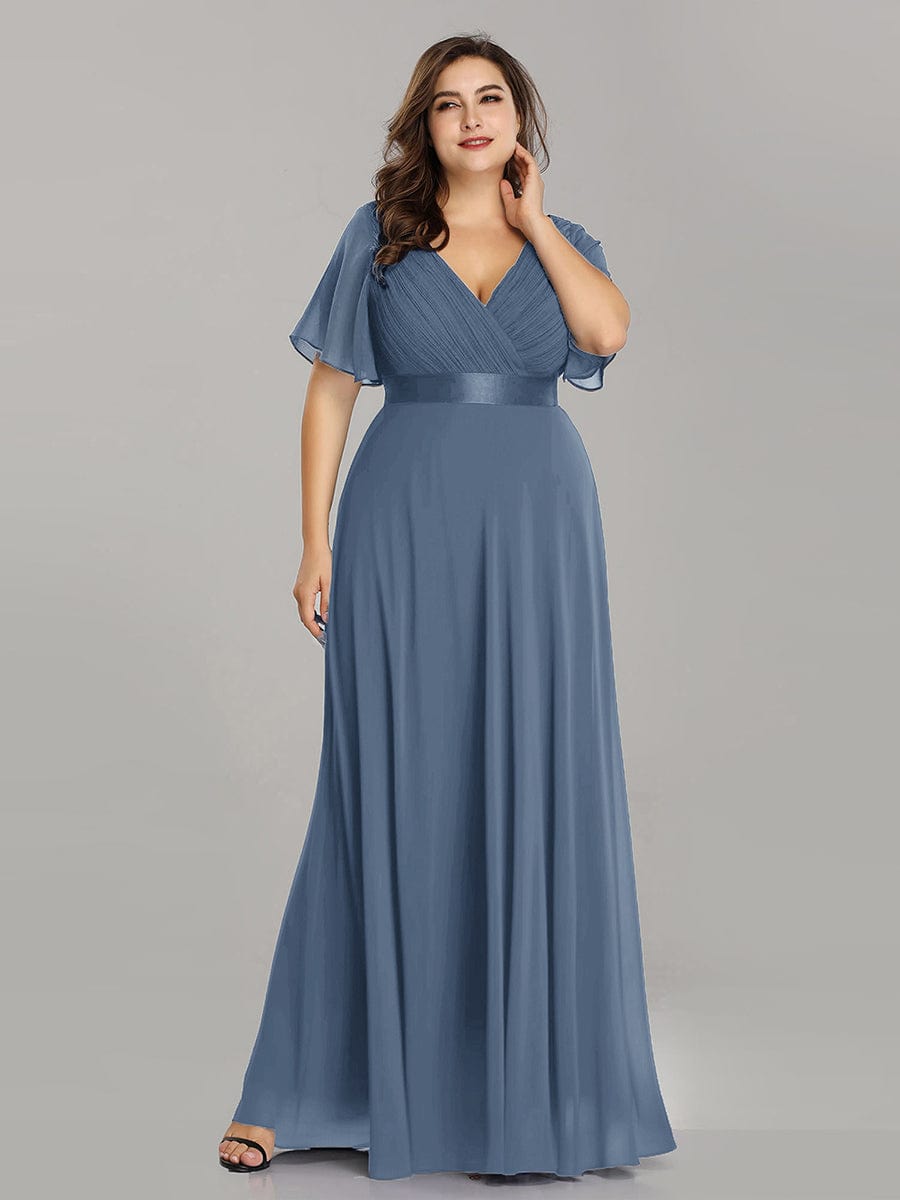 Custom Size Flutter Sleeves Chiffon Empire Waist Bridesmaid Dress #color_Dusty Blue