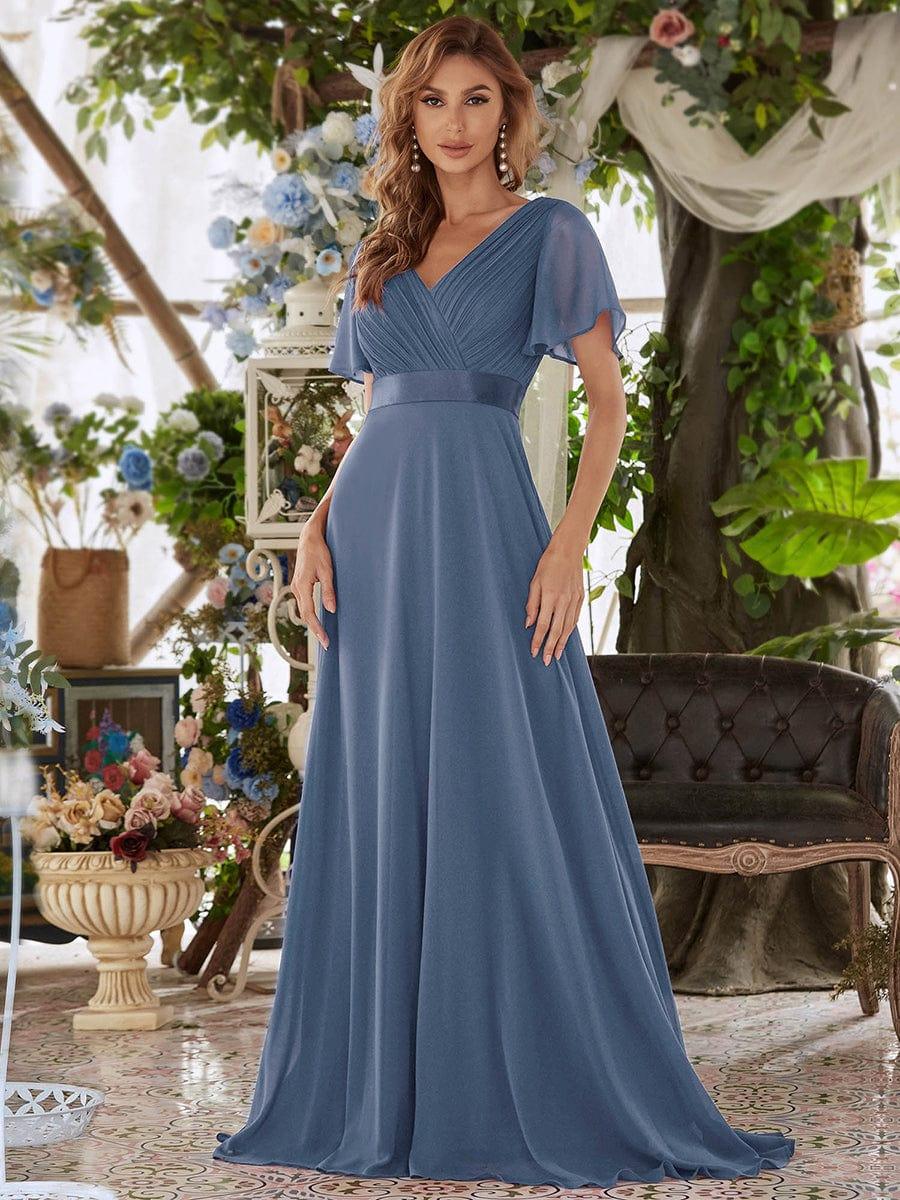 ever SERENNE|Long Chiffon Empire Waist Bridesmaid Dress with Short Flutter Sleeves