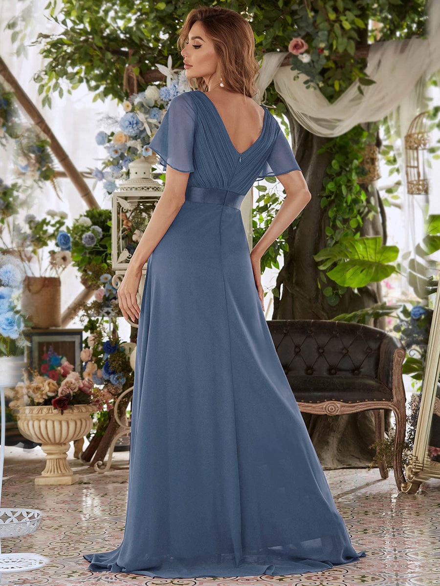 Long Chiffon Empire Waist Bridesmaid Dress with Short Flutter Sleeves #color_Dusty Blue