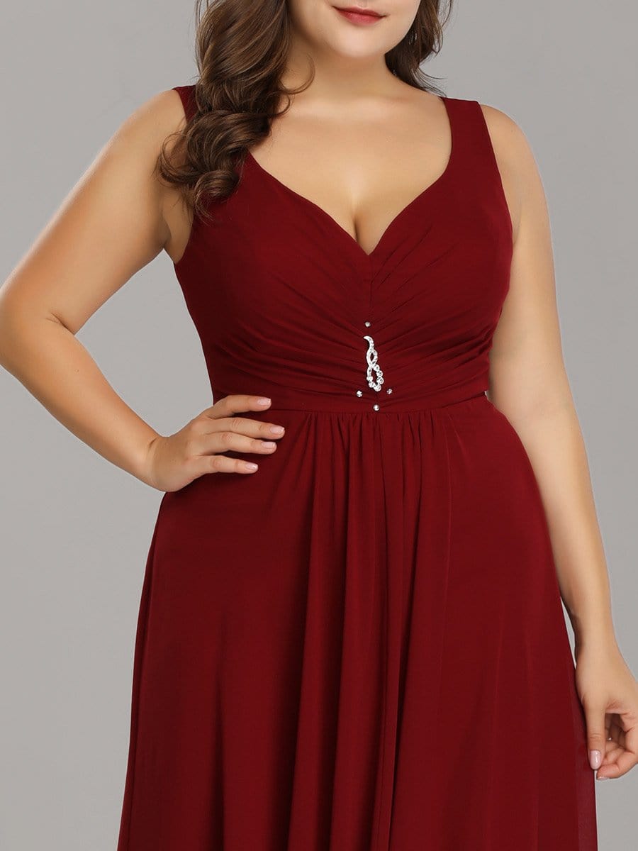 V-Neck High-Low Chiffon Evening Party Dress #color_Burgundy