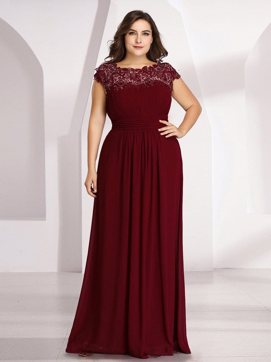 Plus Size Asymmetrical-hem Sleeveless Prom Lace Dress for Women