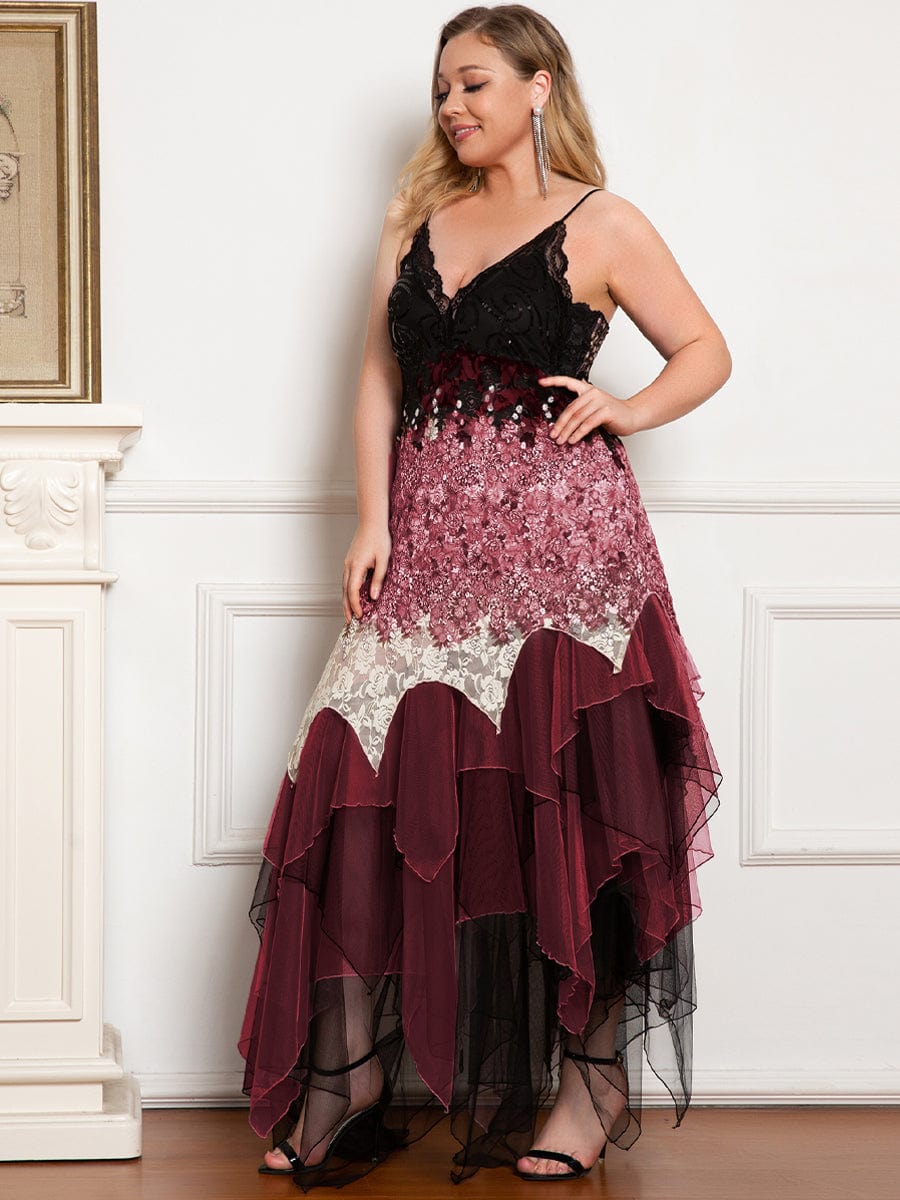 Plus Size V Neck Asymmetrical Hems Prom Dresses #color_Burgundy 