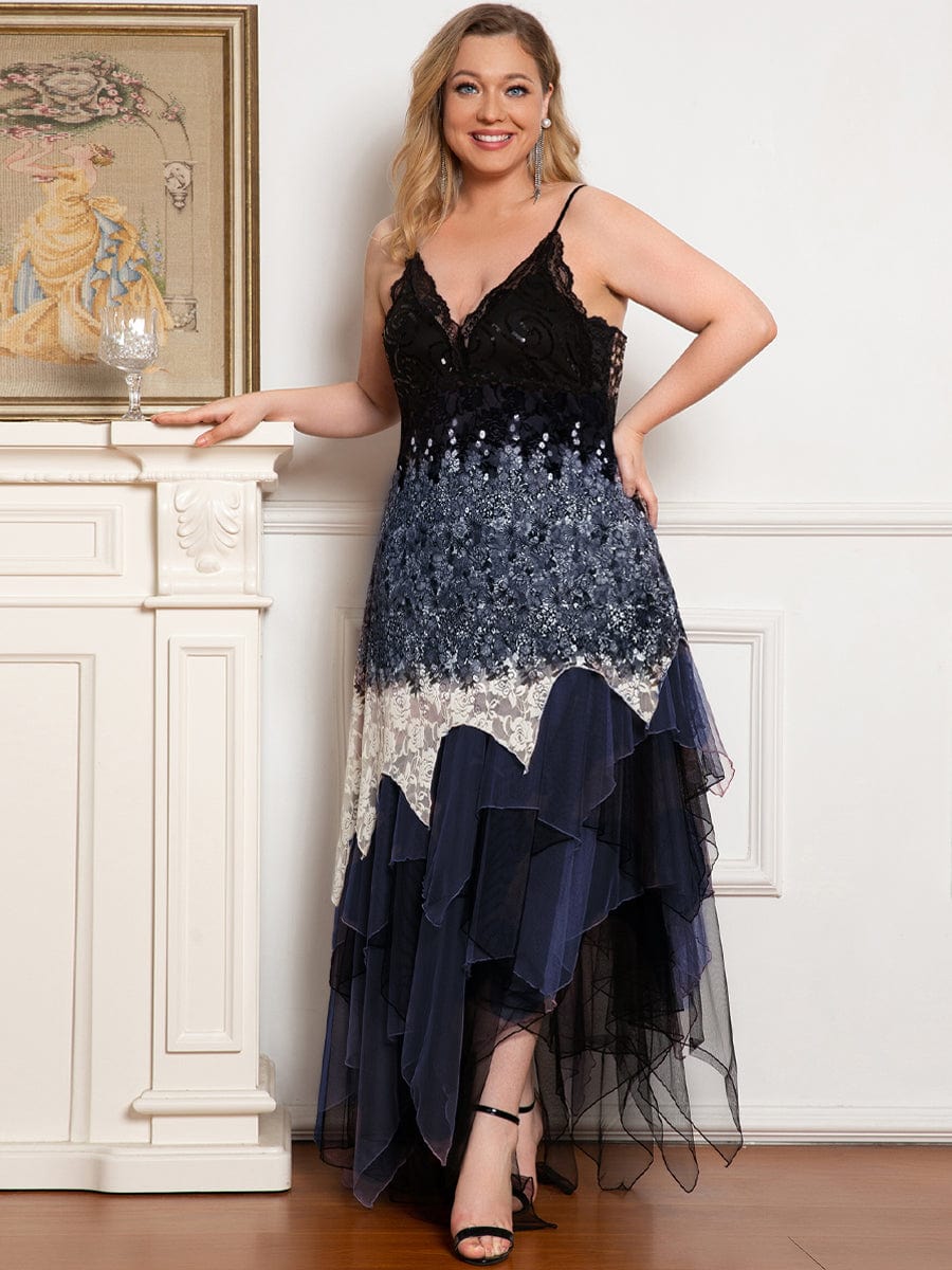 Plus Size V Neck Asymmetrical Hems Prom Dresses #color_Navy Blue 