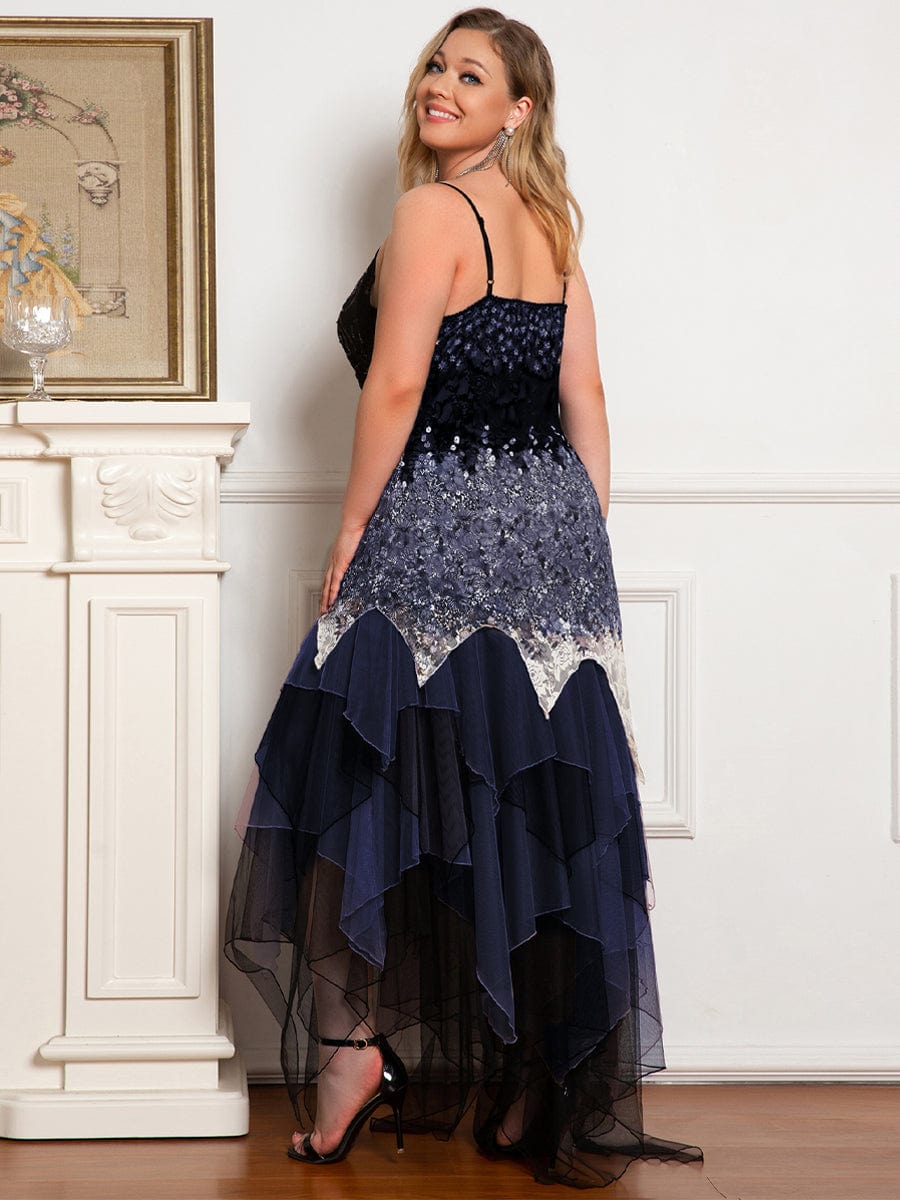 Plus Size V Neck Asymmetrical Hems Prom Dresses #color_Navy Blue 