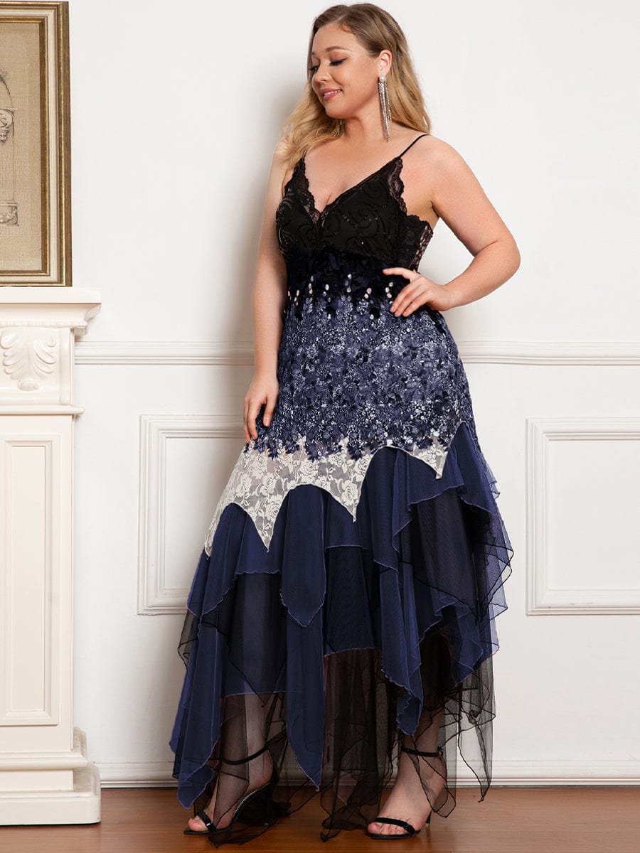 Plus Size V Neck Asymmetrical Hems Prom Dresses #color_Navy Blue 