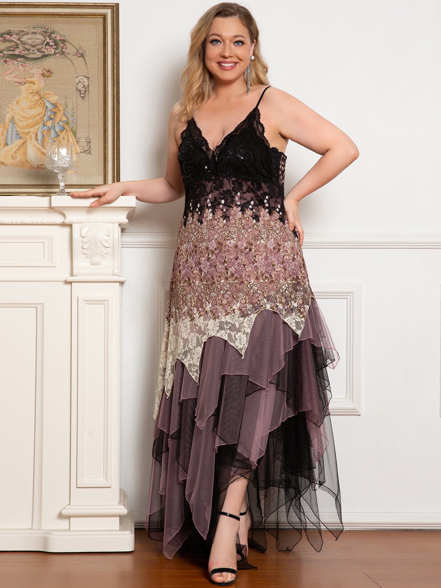 Plus Size V Neck Asymmetrical Hems Prom Dresses #color_Purple Orchid 