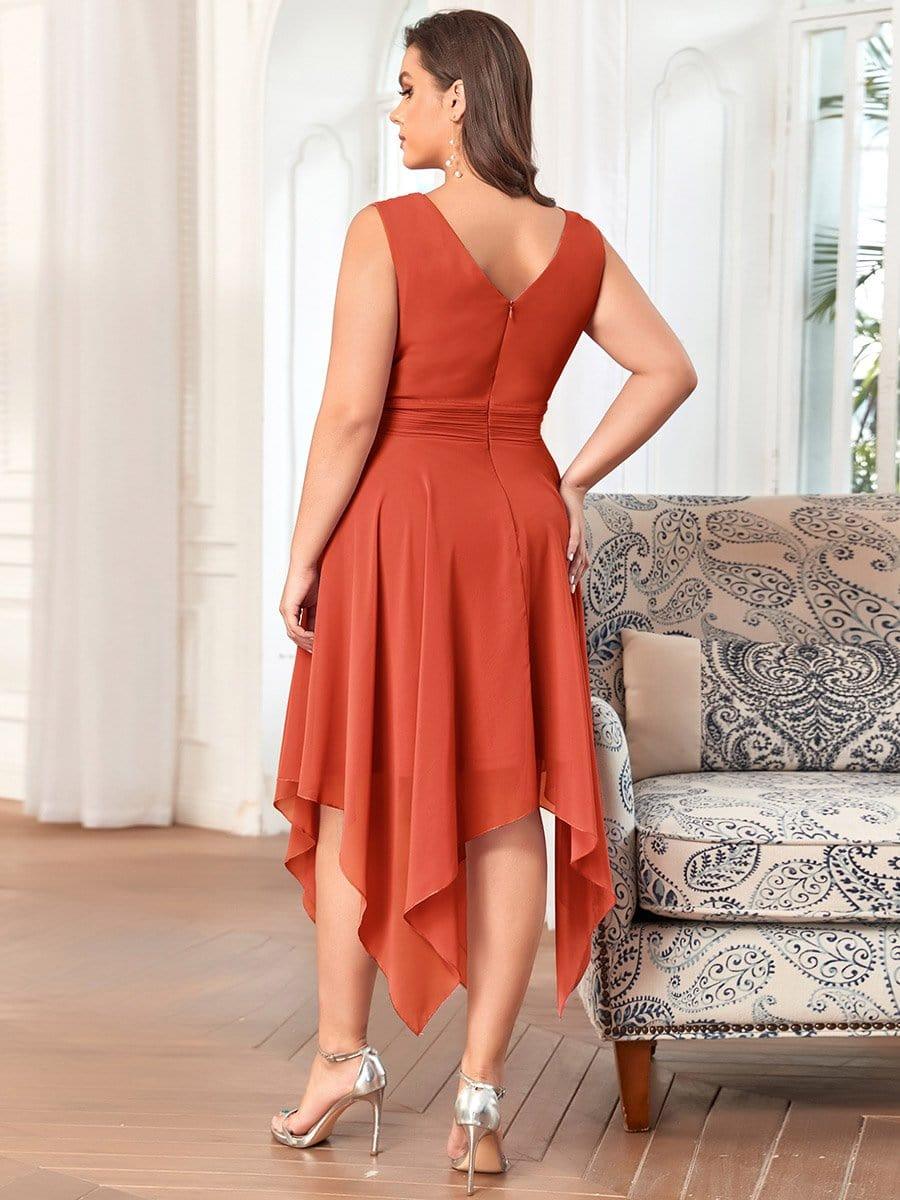 Custom Size Chiffon Double V Neck Asymmetrical Hem Dress #color_Burnt Orange 