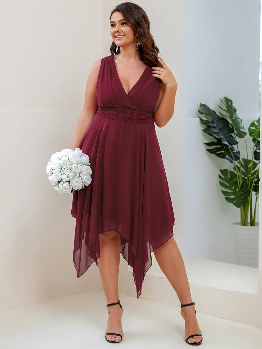 Custom Size Chiffon Double V Neck Asymmetrical Hem Dress #color_Burgundy