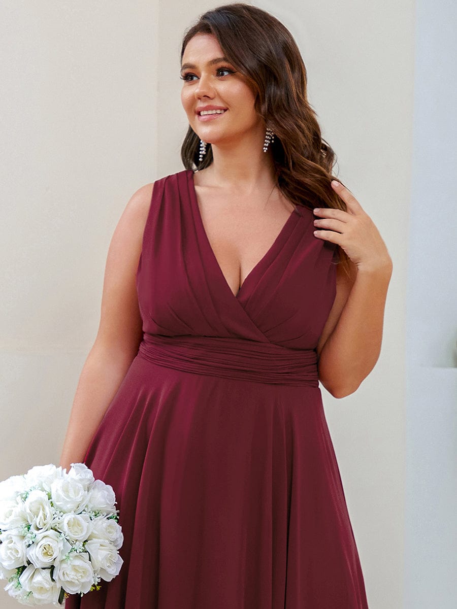 Custom Size Chiffon Double V Neck Asymmetrical Hem Dress #color_Burgundy