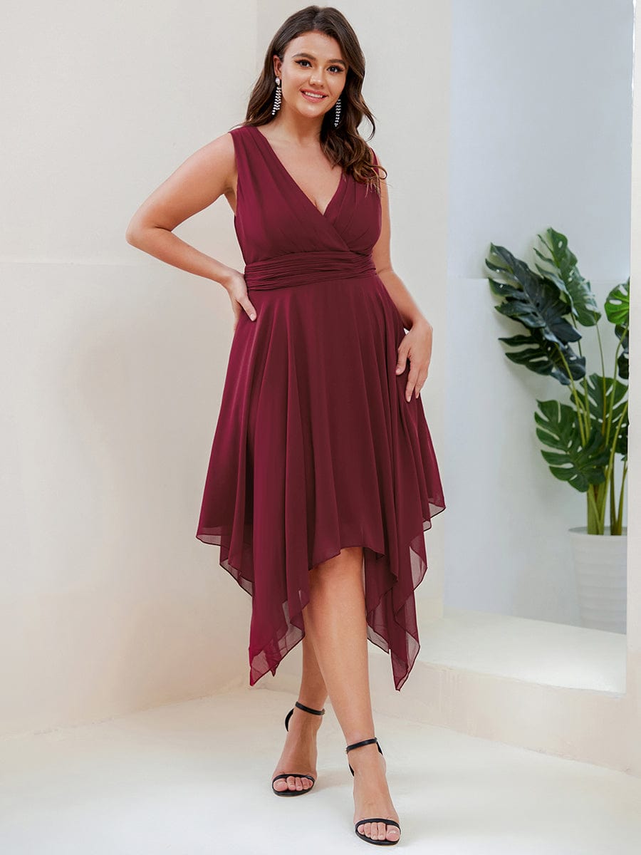 Custom Size Chiffon Double V Neck Asymmetrical Hem Dress #color_Burgundy