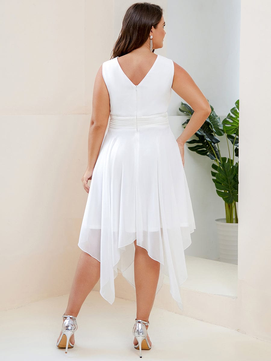 Plus Size Double V Neck Ruched-Waist Midi Chiffon Bridesmaid Dress #color_Cream
