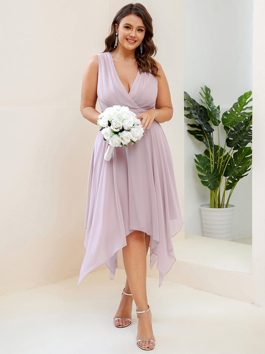 Plus Size Double V Neck Ruched-Waist Midi Chiffon Bridesmaid Dress #color_Lilac