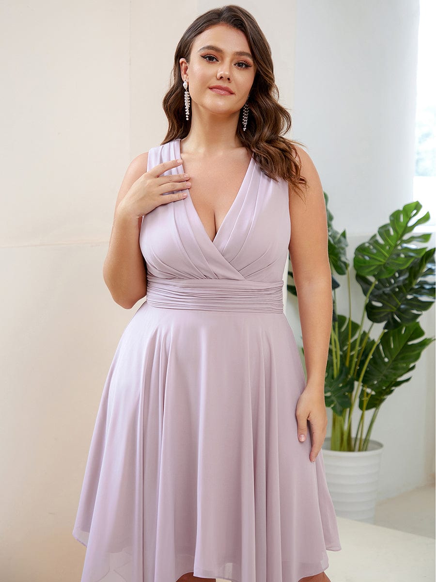 Plus Size Double V Neck Ruched-Waist Midi Chiffon Bridesmaid Dress #color_Lilac