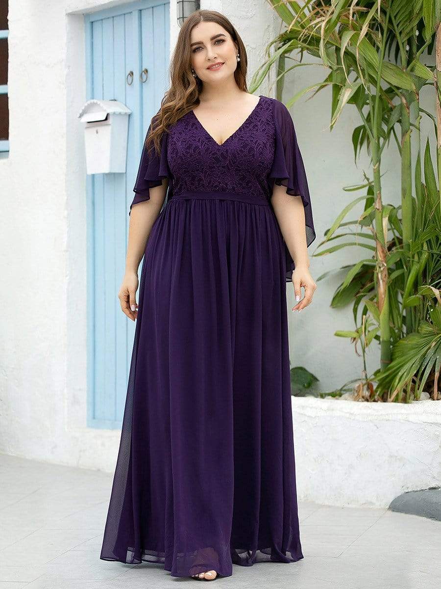 Deep V Neck Lace Bodice Long Flowy Evening Dress #color_Dark Purple 