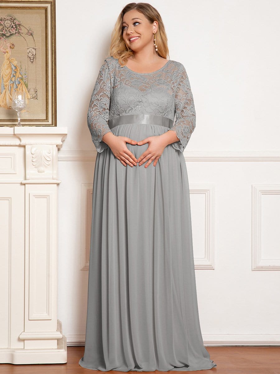 Plus Size Long Lace Sleeve Maternity Formal Dresses #color_Grey 