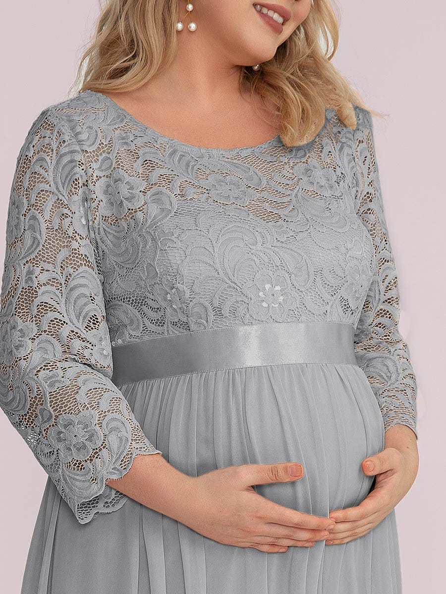 Plus Size Long Lace Sleeve Maternity Formal Dresses #color_Grey 