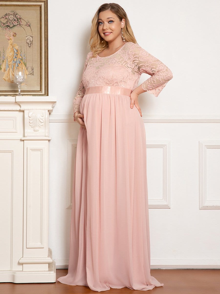 Plus Size Long Lace Sleeve Maternity Formal Dresses #color_Pink 