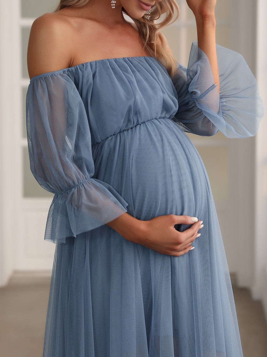 Sheer Off-Shoulder Double Skirt Maxi Maternity Dress #color_Dusty Navy