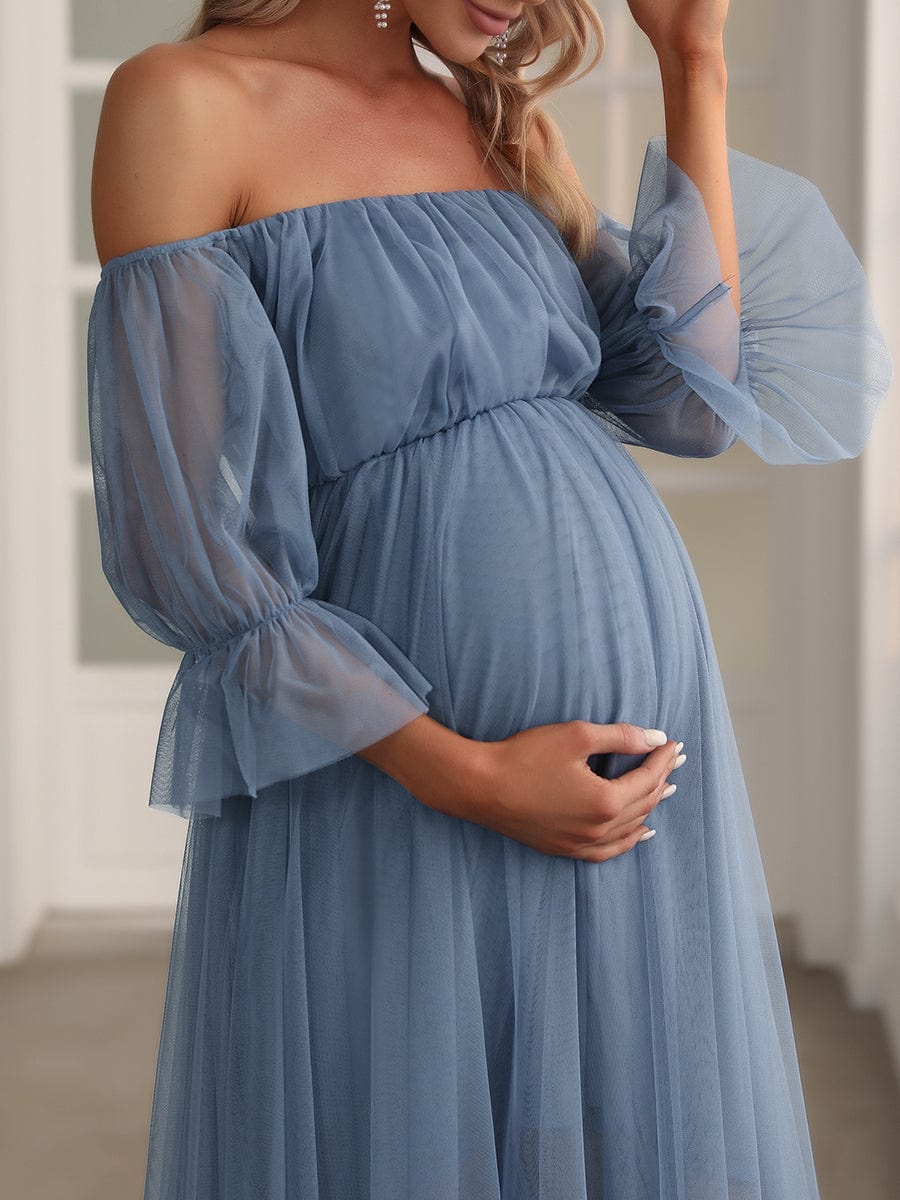 Sheer Off-Shoulder Double Skirt Maxi Maternity Dress #color_Dusty Blue