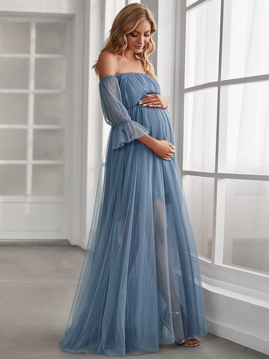 Sheer Off-Shoulder Double Skirt Maxi Maternity Dress #color_Dusty Navy