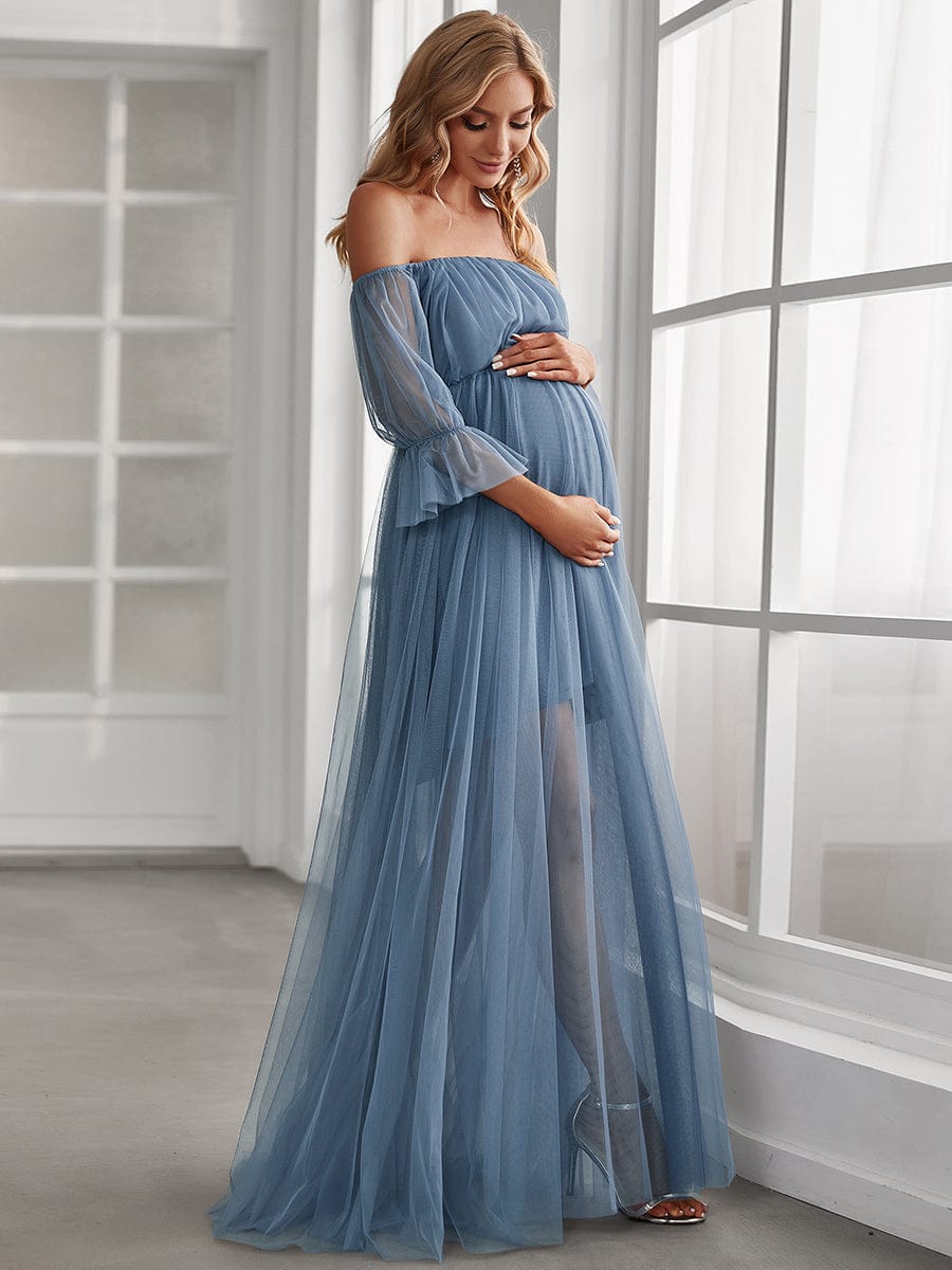 Sheer Off-Shoulder Double Skirt Maxi Maternity Dress #color_Dusty Blue