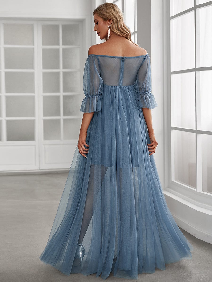 Sheer Off-Shoulder Double Skirt Maxi Maternity Dress #color_Dusty Blue