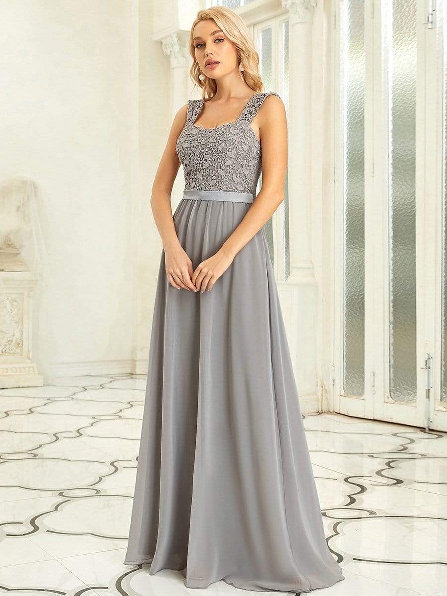 Elegant A Line Long Chiffon Bridesmaid Dress With Lace Bodice #color_Grey 