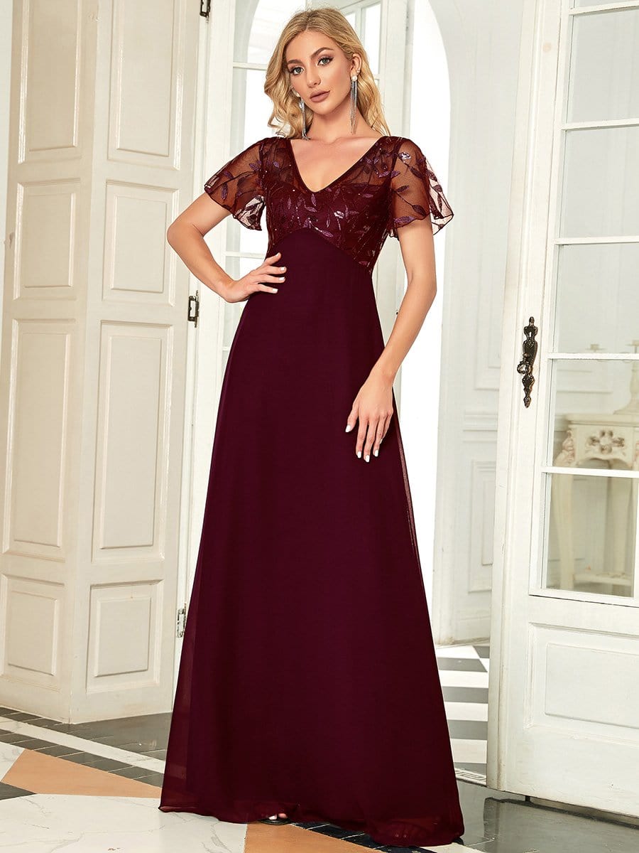 Sequin Print Evening Dresses for Women with Sleeves #color_Burgundy 