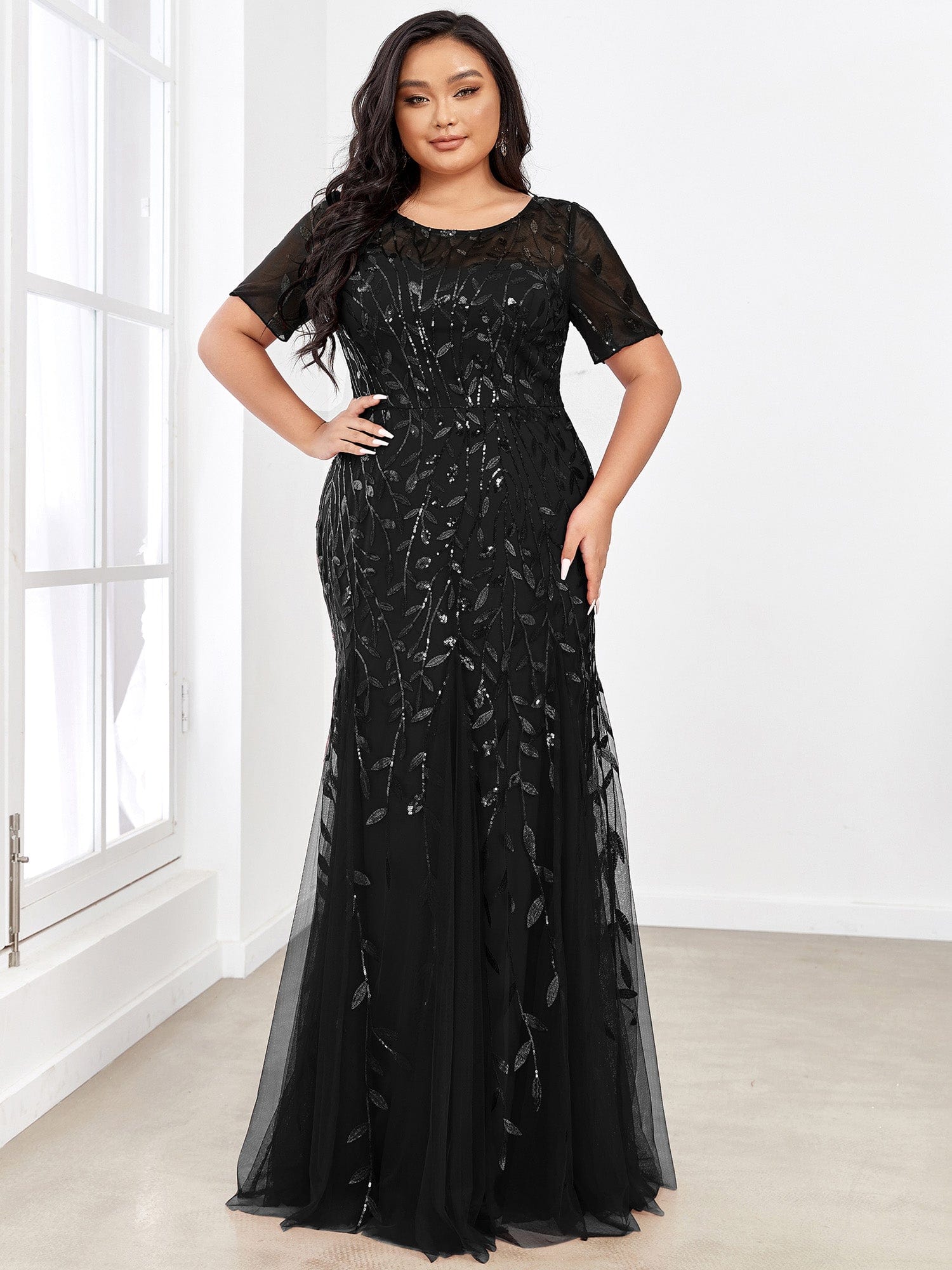 Floral Sequin Print Plus Size Mermaid Tulle Evening Dress #color_Black 