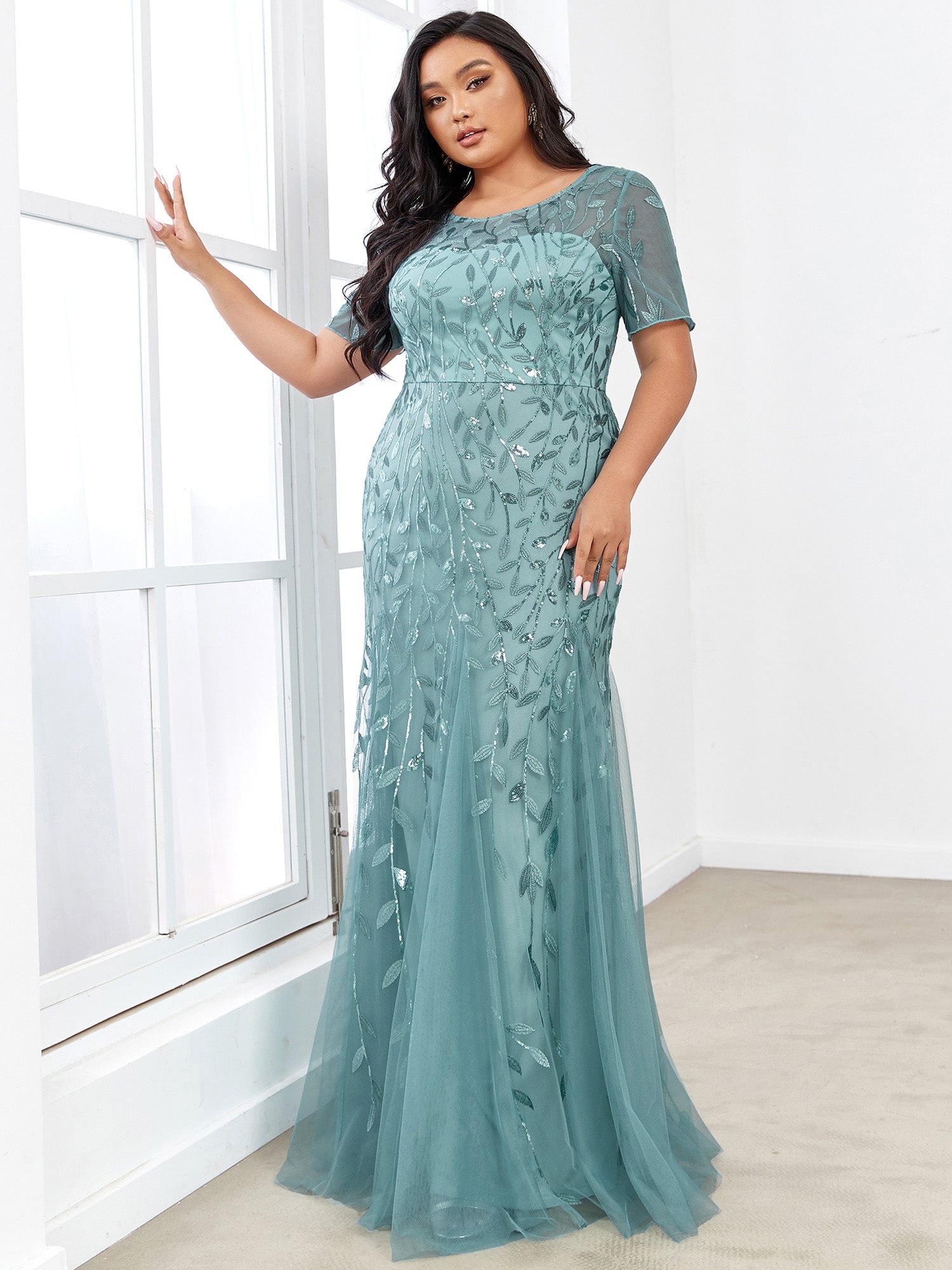 Floral Sequin Print Plus Size Mermaid Tulle Evening Dress #color_Light Teal