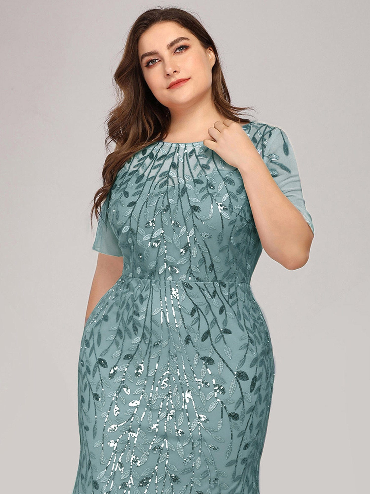 Floral Sequin Print Plus Size Mermaid Tulle Evening Dress #color_Light Teal