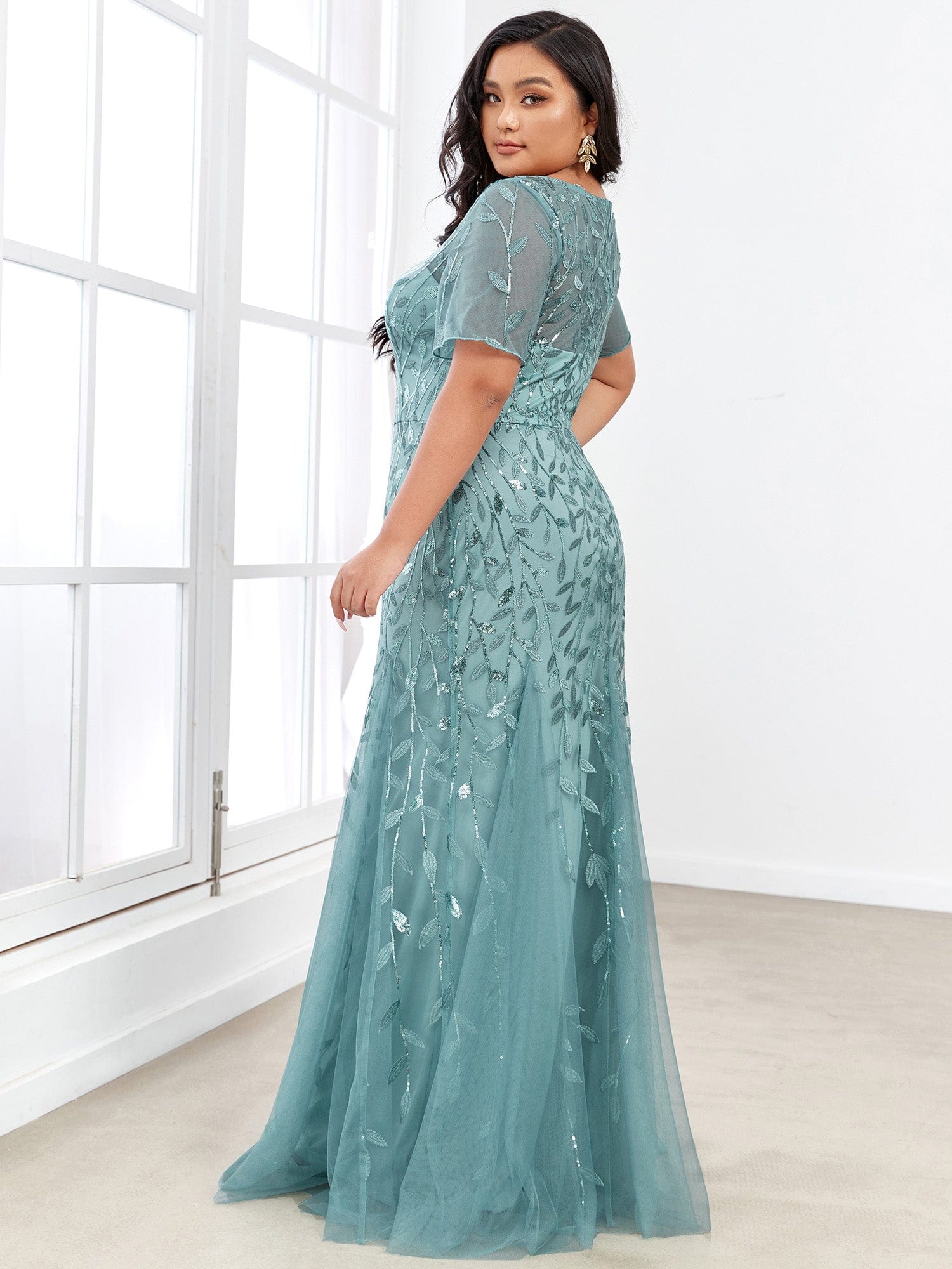 Floral Sequin Print Plus Size Mermaid Tulle Evening Dress #color_Light Teal