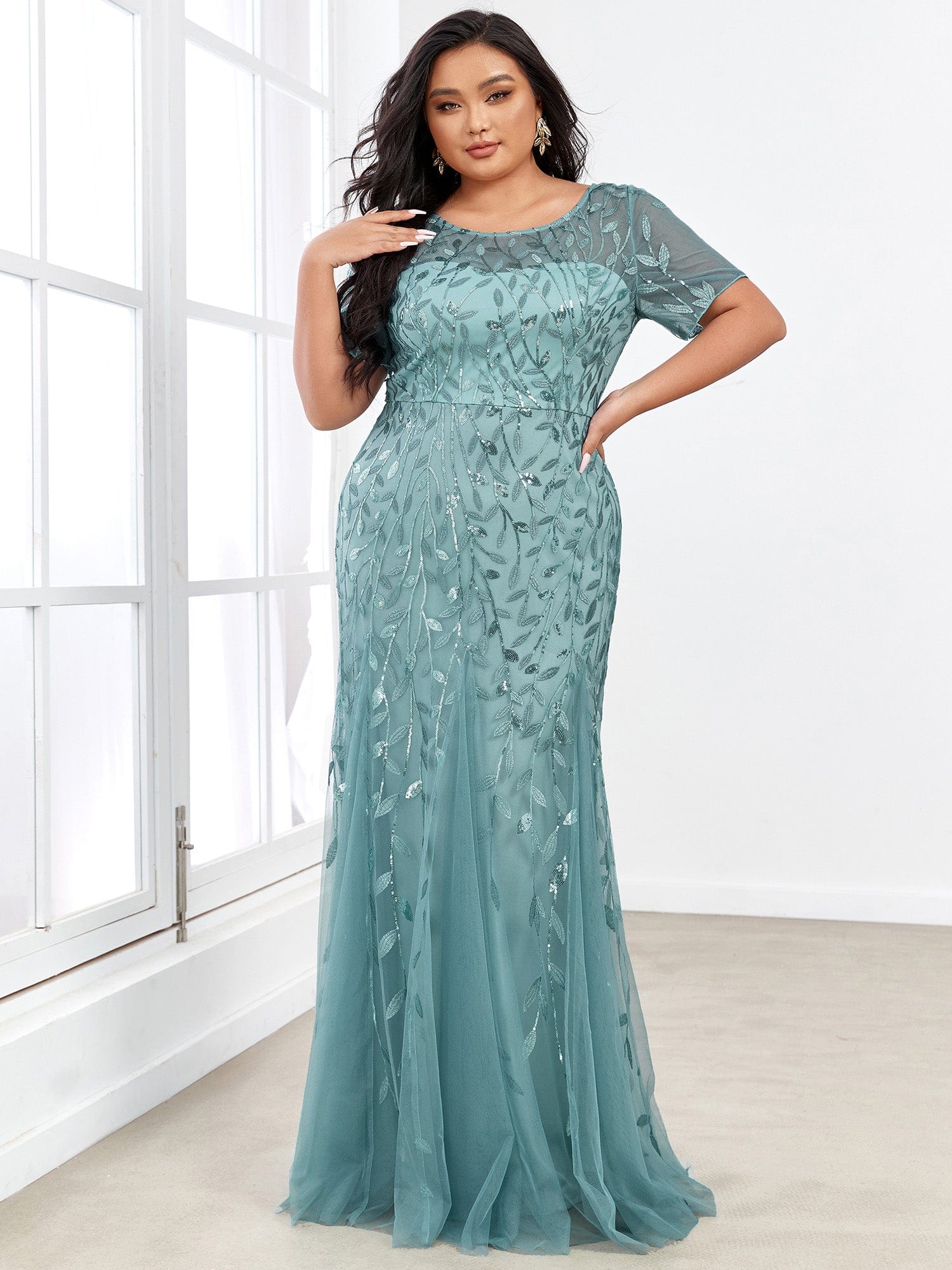 Floral Sequin Print Plus Size Mermaid Tulle Evening Dress #color_Dusty Blue 