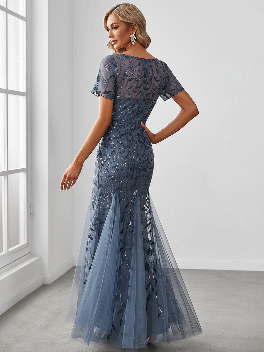 Floral Sequin Maxi Fishtail Tulle Prom Dress with Half Sleeve #Color_Dusty Blue