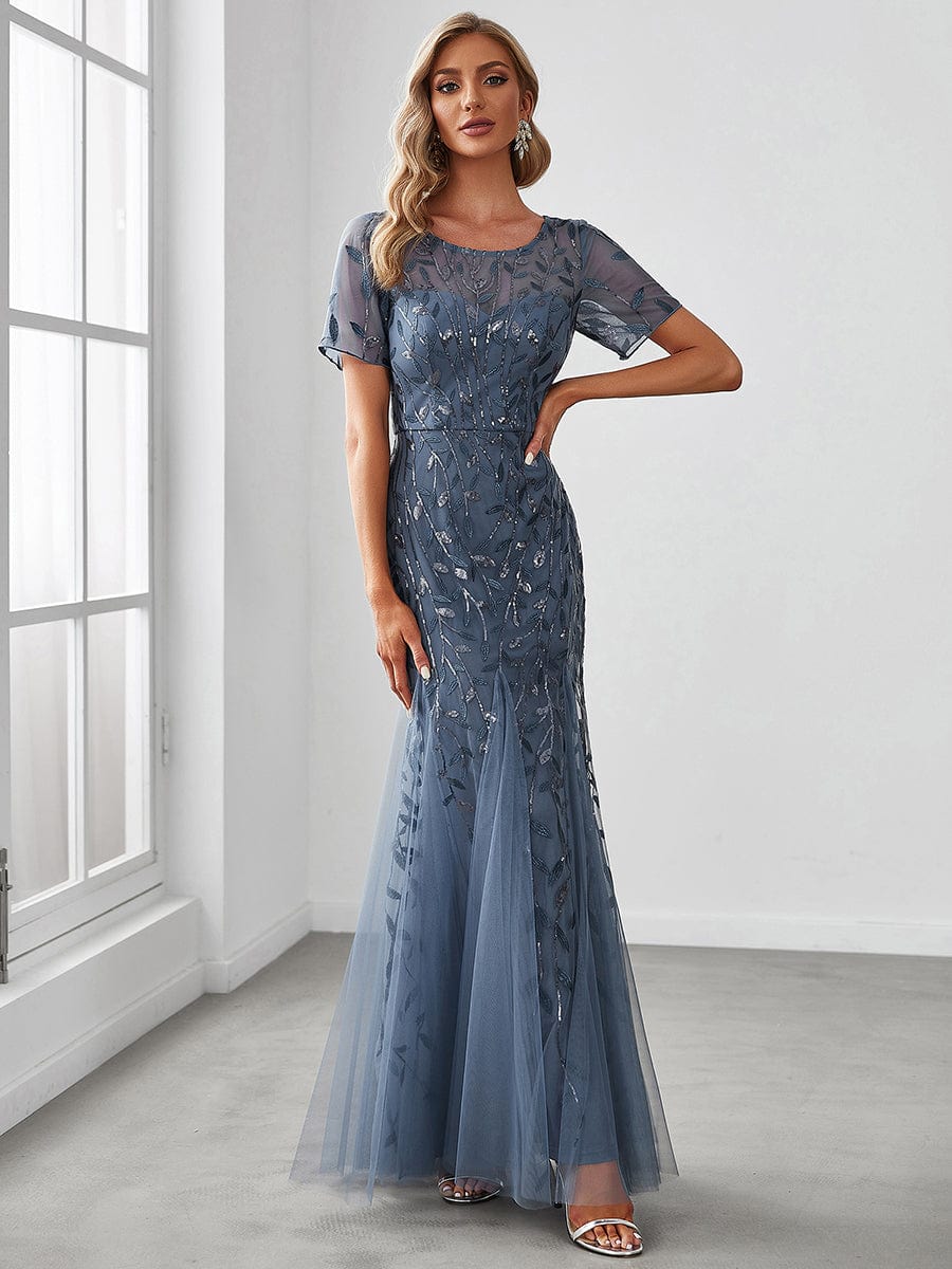 Floral Sequin Maxi Fishtail Tulle Prom Dress with Half Sleeve #Color_Dusty Blue