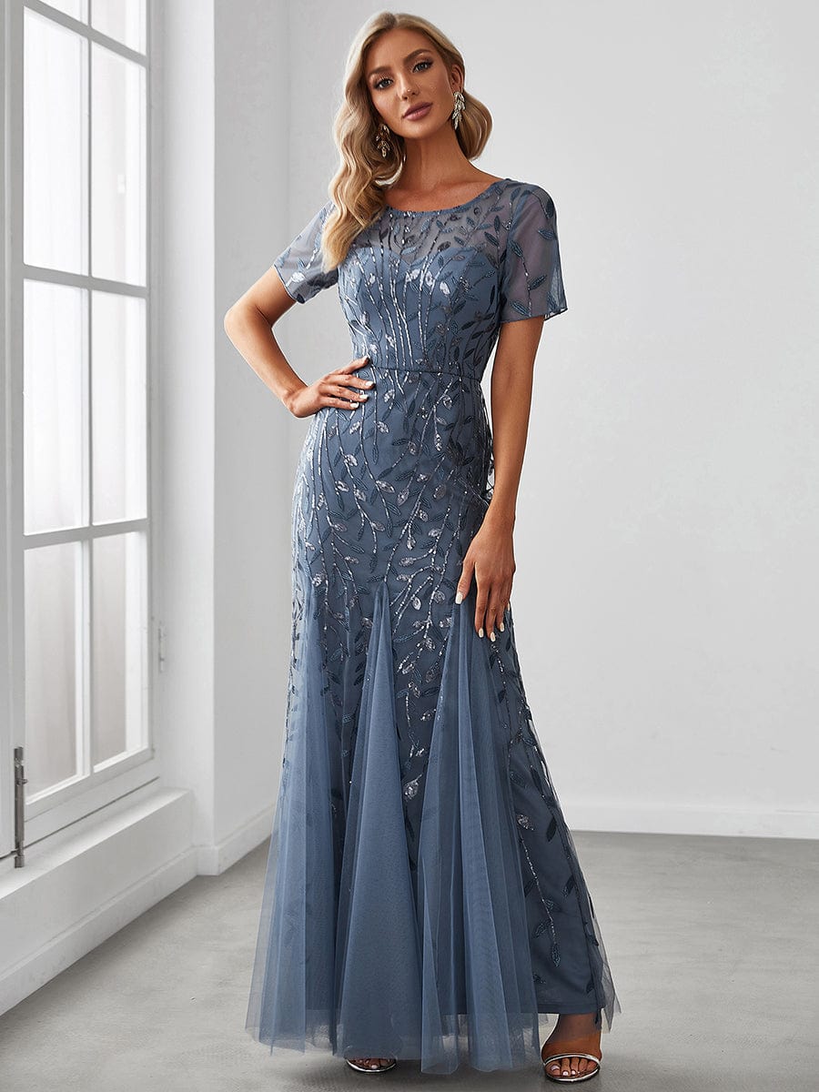 Floral Sequin Maxi Fishtail Tulle Prom Dress with Half Sleeve #Color_Dusty Blue