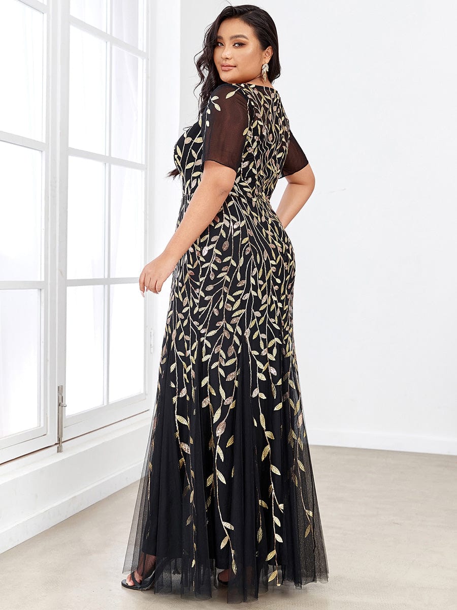 Floral Sequin Print Plus Size Mermaid Tulle Evening Dress #color_Black & Gold 