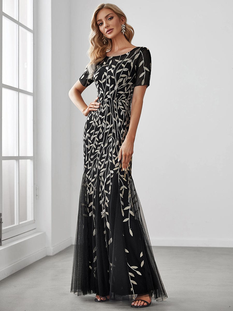 Floral Sequin Maxi Fishtail Tulle Prom Dress with Half Sleeve #Color_Black & Gold