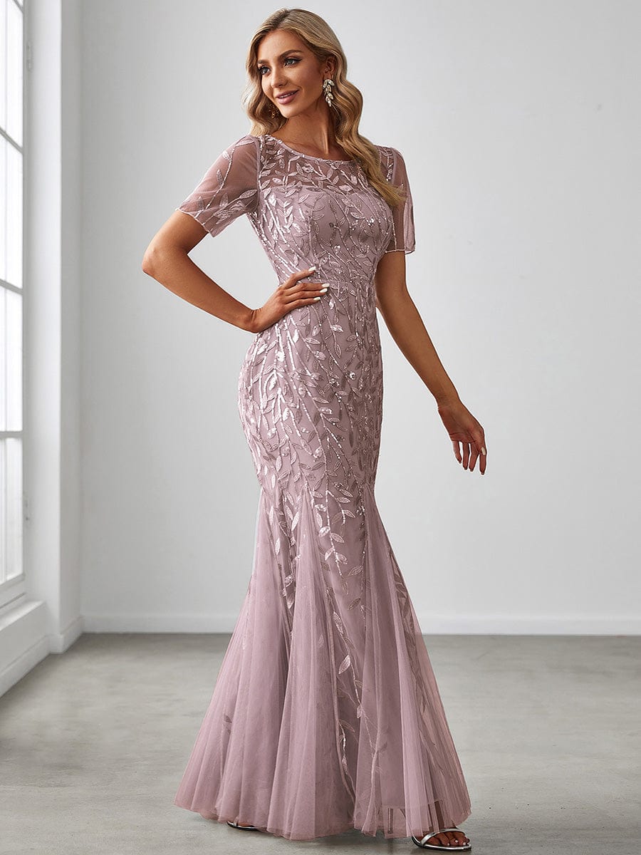 Floral Sequin Maxi Fishtail Tulle Prom Dress with Half Sleeve #Color_Lilac