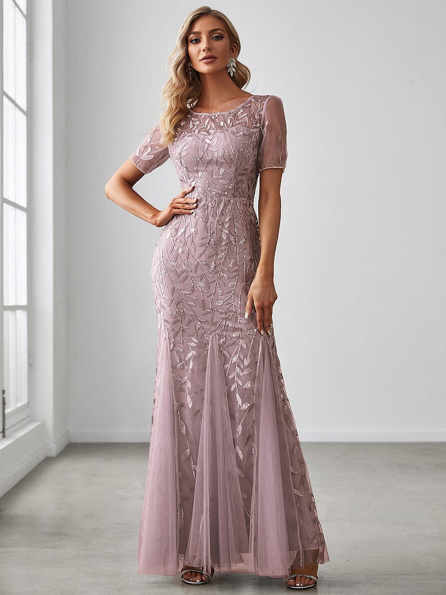 Floral Sequin Maxi Fishtail Tulle Prom Dress with Half Sleeve #Color_Lilac