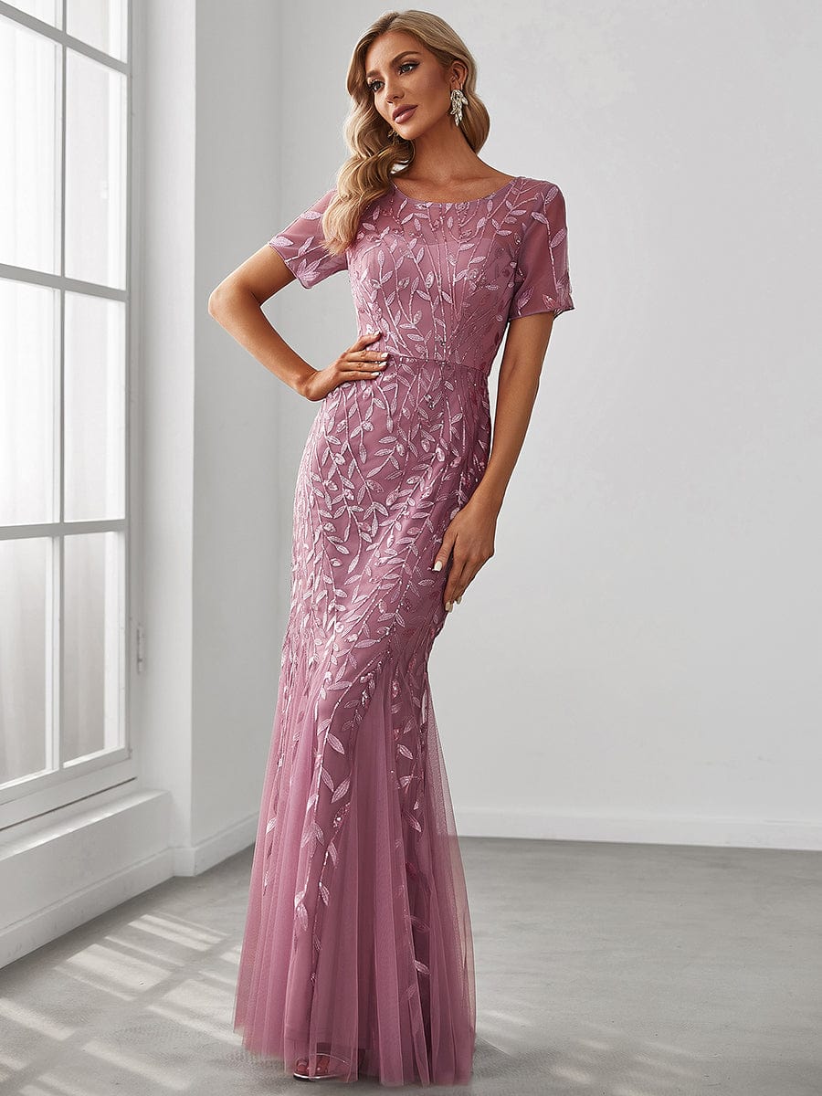 Floral Sequin Maxi Fishtail Tulle Prom Dress with Half Sleeve #Color_Purple Orchid