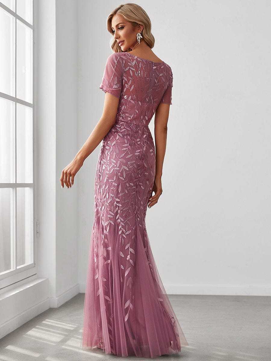 Floral Sequin Maxi Fishtail Tulle Prom Dress with Half Sleeve #Color_Purple Orchid