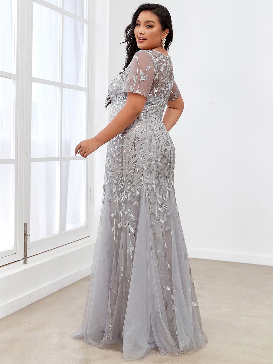 Floral Sequin Print Plus Size Mermaid Tulle Evening Dress #color_Silver 