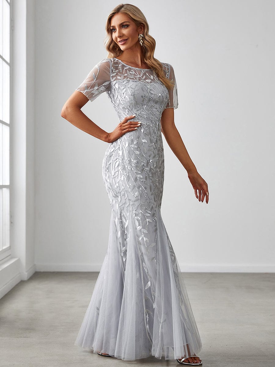 Floral Sequin Maxi Fishtail Tulle Prom Dress with Half Sleeve #Color_Silver