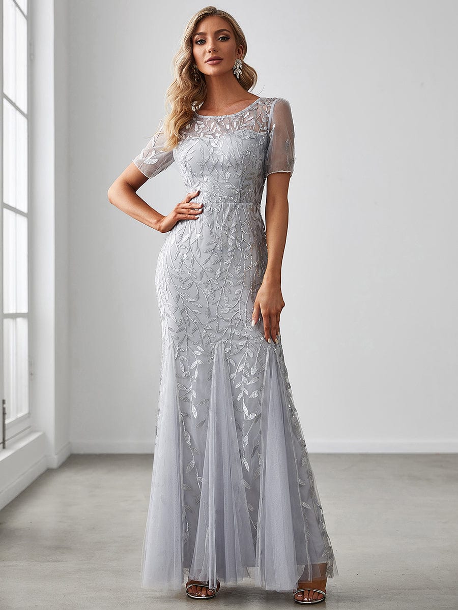 Floral Sequin Maxi Fishtail Tulle Prom Dress with Half Sleeve #Color_Silver